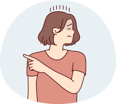 Offended woman turns away and closing eyes points finger to side after quarrel. Vector image