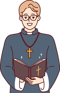 Happy man priest with bible and golden cross on neck smiles preaching and reading christian prayers