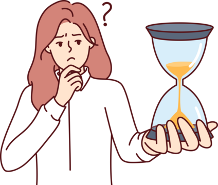 Pensive woman holding hourglass and scratching chin feeling discomfort due to strict deadlines