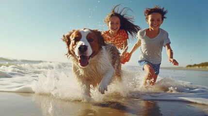  Happy children with dog on the beach. Camping and travel concept