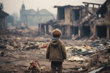 A child who suffered from war. War. Destroyed houses as a result of the war. - obrazy, fototapety, plakaty