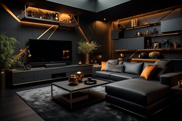 Interior in high-tech style in black colors.