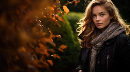 Beautiful elegant young model walking and strolling outdoors in autumn day.