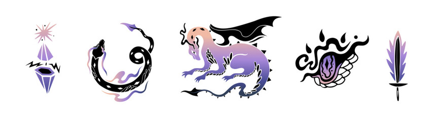 Dragon silhouette black isolated on white. Sword, eyes  and precious stones . Funny sticker gradient. Hand drawn mythology fantasy. New year web icon. Decoration fire and collar. 