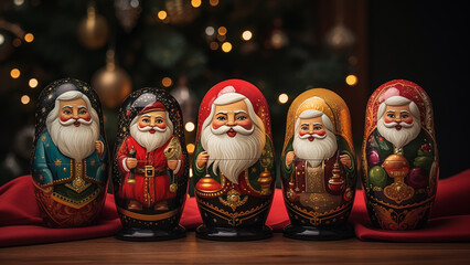 Fototapeta premium Santa Matryoshka in front of the Christmas tree