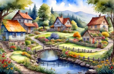 Foto auf Alu-Dibond Watercolor landscape painting of a village with houses and flowers. Generative ai © designermetin