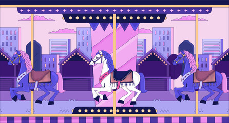 Sunset city carousel horses lofi wallpaper. Fairground merry-go-round cityscape urban 2D scene cartoon flat illustration. Retro amusement park chill vector art, lo fi aesthetic colorful background © IMGvisualsCharacters