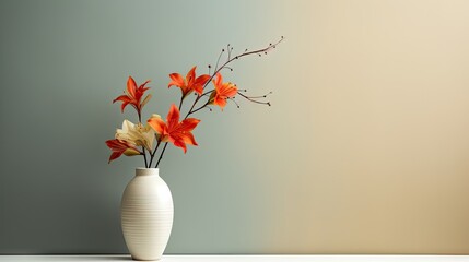  a white vase with red and yellow flowers inside of it on a table next to a blue and white wall.  generative ai