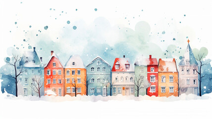watercolor winter christmas card with houses, trees and lanterns