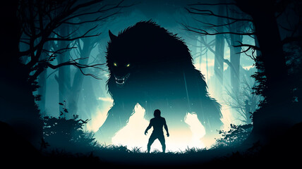 silhouette of a wolf with a dark forest background, huge werewolf - obrazy, fototapety, plakaty