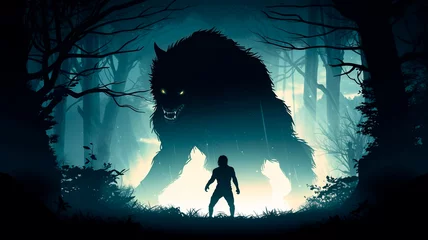 Schilderijen op glas silhouette of a wolf with a dark forest background, huge werewolf © Aram