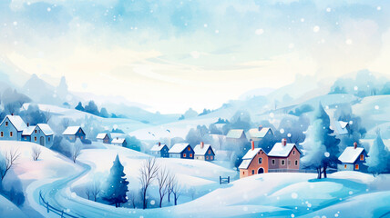 watercolor winter christmas card with houses, trees and lanterns