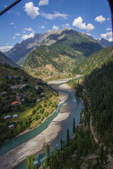 Fototapeta na wymiar Picture of Mountain, Trees, River and Stream of adjoining areas of Kashmir. In this picture you can see the hill view along with stream and trees with beautiful scene of greenery on mountains