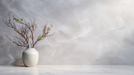 vase with eucalyptus branches on grey table - obrazy, fototapety, plakaty