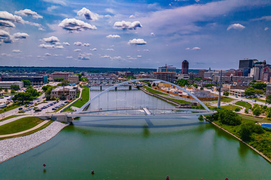 Aerial shot of the Iowa Women of Achievement Bridge in Downtown Des Moines, Iowa