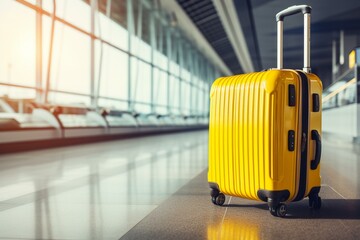 Yellow luggage in airport with airplane background. Travel concept. Generative AI