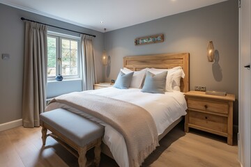Fototapeta na wymiar Contemporary bedroom featuring a spacious double bed. Generative AI