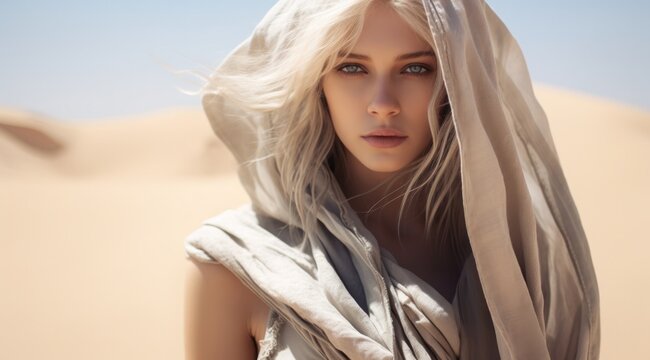 Stunning portrait of a woman wrapped in a veil against a desert backdrop, with piercing blue eyes and ethereal beauty