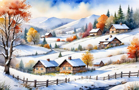 Winter village watercolor painting illustration. Generative ai