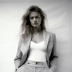 Fototapeta premium Monochromatic portrait of a woman in an elegant pinstripe suit with a thoughtful expression