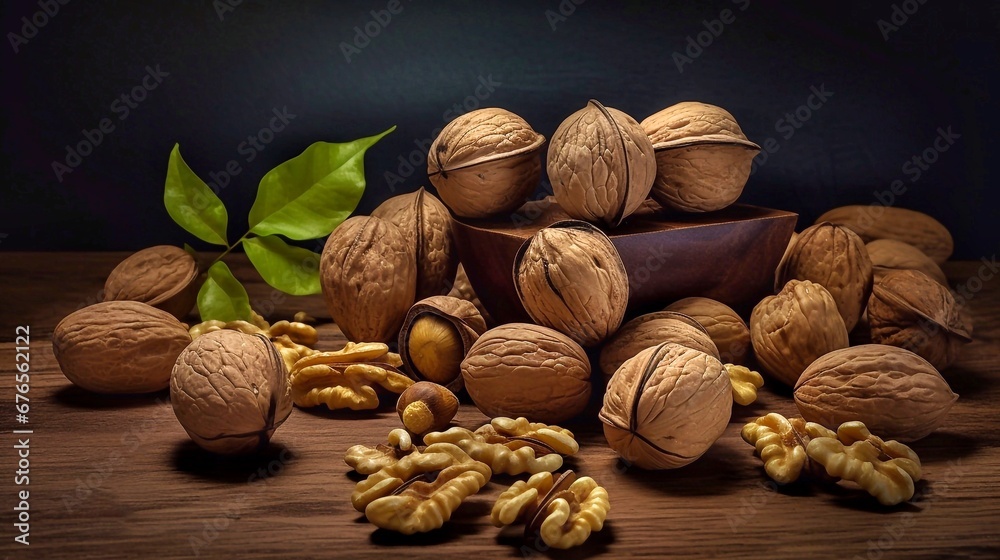 Wall mural Walnuts and walnuts on a wooden table. Food background. - Wall murals