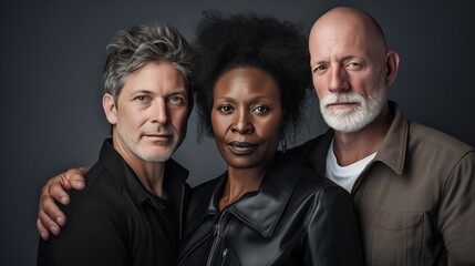 Polyamorous Throuple Three Threesome with Multiracial Black White Woman Man in Ethical Non-Monogamy ENM Non-Traditional Relationship Alternative Lifestyle Sexuality, Middle Aged Studio Portrait
