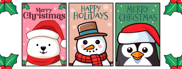 Merry Christmas and Happy New Year: A Set of Cartoon Cards Featuring a Polar Bear, Penguin, and Snowman