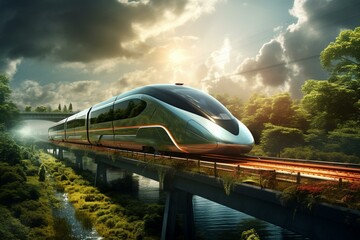 Conceptual rendering of fast train transportation. Generative AI