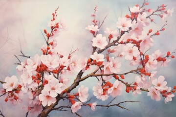 Traditional floral painting of sakura and plum blossoms in the Chinese style. Generative AI