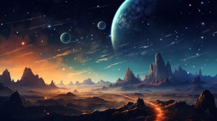 Fantastic alien landscape of another planet with mountains, glowing road, shining lights, deep sky with stars, planets and clouds. Other worlds and fantasy concept. Science fiction cosmic background.