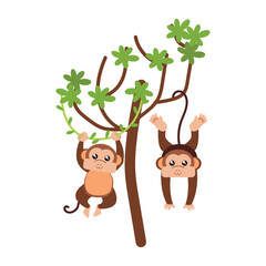 Pair of cute monkey characters on a tree Vector