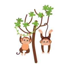 Glasschilderij Aap Pair of cute monkey characters on a tree Vector