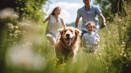  Happy family with dog in nature. Camping, travel, hiking.