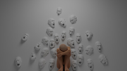 Fears and problems attacked the person. A human figure is sitting on the floor cowering in fear. Lots of screaming faces in the wall, surreal 3D concept