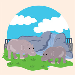 Pair of cute hippos on a zoo Vector