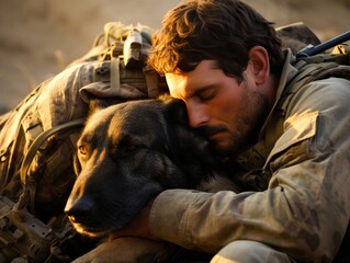 Military man hugs dog in the warm autumn rays of the sun, AI