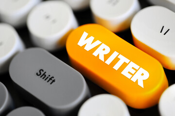 Writer is a person who uses written words in different writing styles and techniques to communicate ideas, text concept button on keyboard - obrazy, fototapety, plakaty
