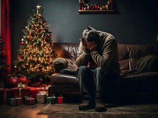 Depressed lonely man sitting in a dark living room alone during holidays
