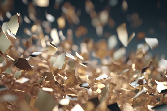 3D rendering of metallic confetti made of transparent images with a paper-like texture fluttering in the wind. Generative AI