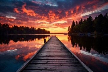 Gorgeous sunset illuminates serene lake, wood pier. Generative AI