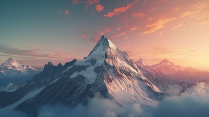  a computer generated image of a mountain peak with clouds in the foreground and a pink sky in the background.  generative ai - obrazy, fototapety, plakaty