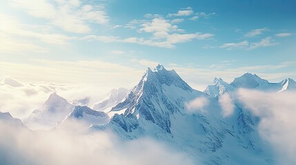 Naklejka premium a view of the top of a mountain with clouds in the foreground and a blue sky in the background. generative ai