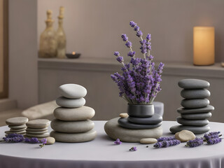 Obraz na płótnie Canvas Spa still life with stack of stones and lavender flowers