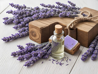 Obraz na płótnie Canvas Lavender soap, oil and lavender flowers on a wooden background