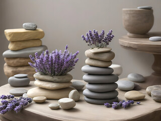 Obraz na płótnie Canvas Spa still life with stack of stones and lavender flowers