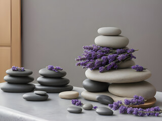 Spa still life with stack of stones and lavender flowers