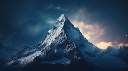  a very tall mountain in the middle of a night sky with a star filled sky above it and clouds in the background.  generative ai