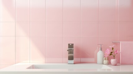  a pink bathroom with a sink, soap dispenser, and a vase of flowers on the counter.  generative ai