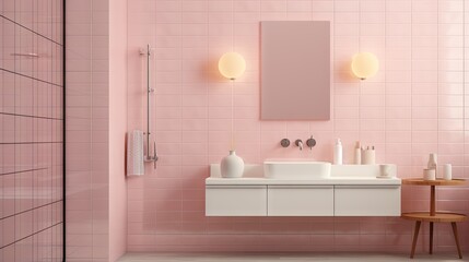  a bathroom with a pink wall and a white sink and a mirror on the wall and a stool in front of it.  generative ai