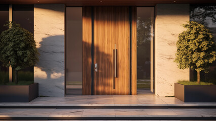 The entrance to a modern and neat suburban mansion illuminated by the evening sun.